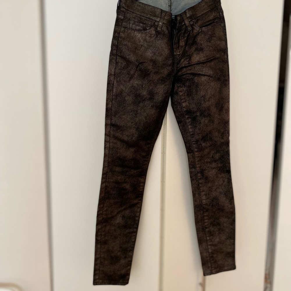 7 For All Mankind Gwenevere Metallic Foil Glitter Skinny Jeans Gold Black